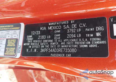 2024 Kia Forte Gt-Line z USA, uszkodzony, nr VIN 3KPF54AD3RE735080